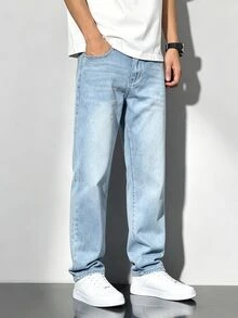 Manfinity Homme 男士復古淺藍色水洗寬腿牛仔褲，經典中腰無彈力牛仔長褲，復古磨損貓鬚直筒牛仔褲，休閒街頭風 - 藍色 - 查看 4
