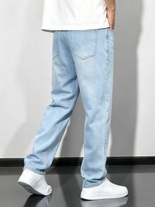 Manfinity Homme 男士復古淺藍色水洗寬腿牛仔褲，經典中腰無彈力牛仔長褲，復古磨損貓鬚直筒牛仔褲，休閒街頭風 - 藍色 - 查看 5