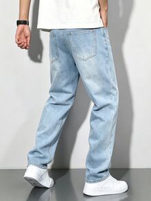 Manfinity Homme 男士復古淺藍色水洗寬腿牛仔褲，經典中腰無彈力牛仔長褲，復古磨損貓鬚直筒牛仔褲，休閒街頭風 - 藍色 - 查看 3