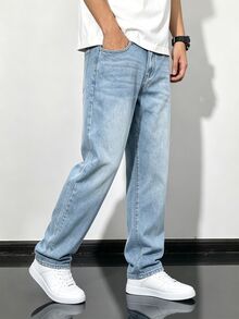 Manfinity Homme 男士復古淺藍色水洗寬腿牛仔褲，經典中腰無彈力牛仔長褲，復古磨損貓鬚直筒牛仔褲，休閒街頭風 - 藍色 - 查看 7