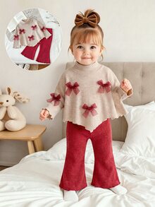 SHEIN 2pcs Toddler Baby Girl Knit Top Flared Pants Cute Sweet Beige Burgundy Mesh Bow Trim Long Sleeve Mock Neck Regular Birthday Party Fall Autumn Outfits - Burgundy - View 2