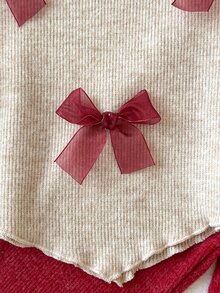 SHEIN 2pcs Toddler Baby Girl Knit Top Flared Pants Cute Sweet Beige Burgundy Mesh Bow Trim Long Sleeve Mock Neck Regular Birthday Party Fall Autumn Outfits - Burgundy - View 7