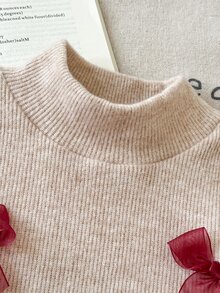 SHEIN 2pcs Toddler Baby Girl Knit Top Flared Pants Cute Sweet Beige Burgundy Mesh Bow Trim Long Sleeve Mock Neck Regular Birthday Party Fall Autumn Outfits - Burgundy - View 6
