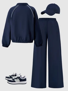 SHEIN 青少年女孩秋季套裝 2件組 藍色外套套裝，寬鬆休閒，拼色，假日穿搭 - 藏蓝色 - 查看 2