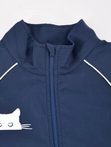 SHEIN 青少年女孩秋季套裝 2件組 藍色外套套裝，寬鬆休閒，拼色，假日穿搭 - 藏蓝色 - 查看 5