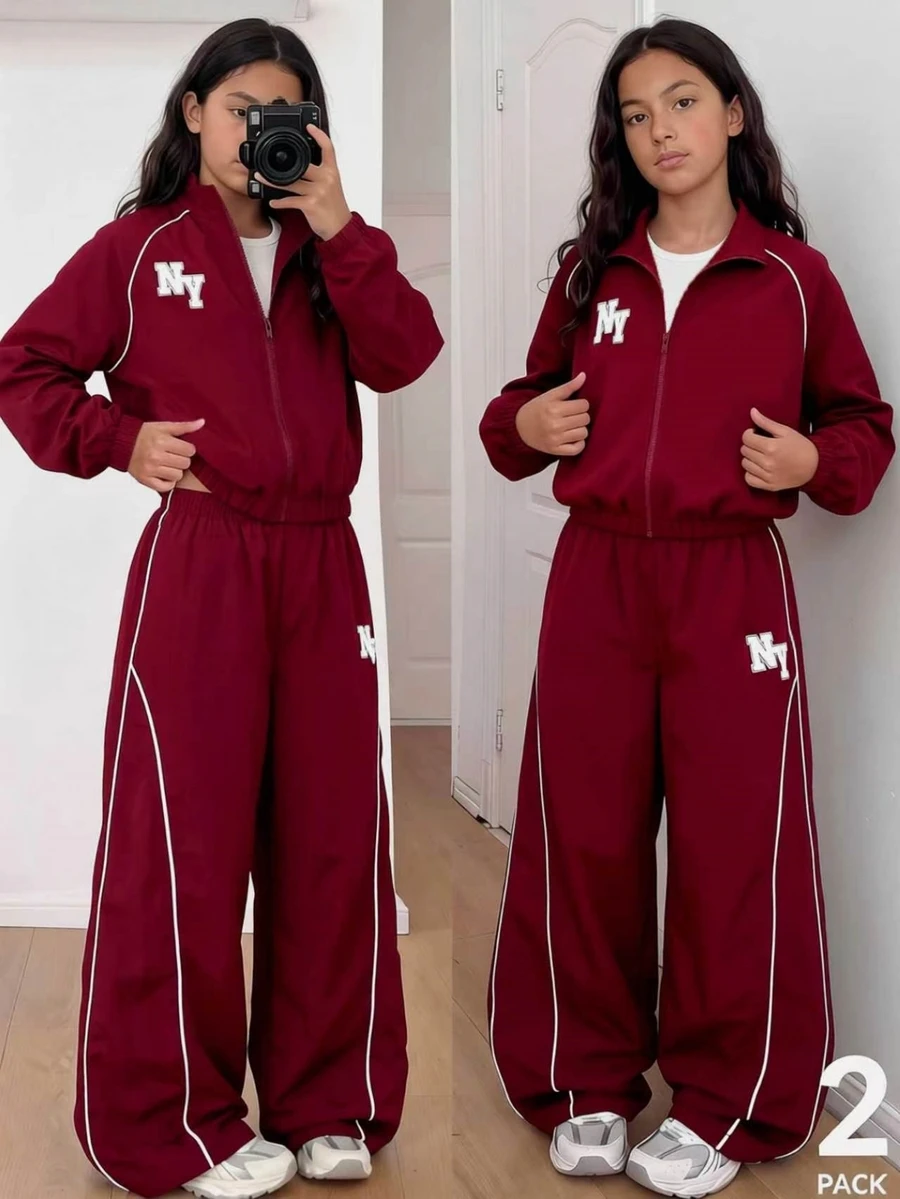 SHEIN 青少年女孩秋季套裝 2件組 寬鬆休閒拼接色卡通拉鍊開襟外套、寬腿運動束口褲/工裝褲 街頭風字母印花 - 酒紅色 - 查看 1
