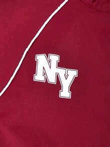 SHEIN 青少年女孩秋季套裝 2件組 寬鬆休閒拼接色卡通拉鍊開襟外套、寬腿運動束口褲/工裝褲 街頭風字母印花 - 酒紅色 - 查看 4