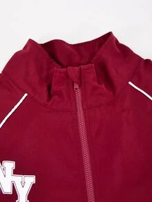 SHEIN 青少年女孩秋季套裝 2件組 寬鬆休閒拼接色卡通拉鍊開襟外套、寬腿運動束口褲/工裝褲 街頭風字母印花 - 酒紅色 - 查看 5