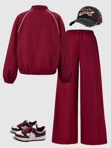 SHEIN 青少年女孩秋季套裝 2件組 寬鬆休閒拼接色卡通拉鍊開襟外套、寬腿運動束口褲/工裝褲 街頭風字母印花 - 酒紅色 - 查看 2