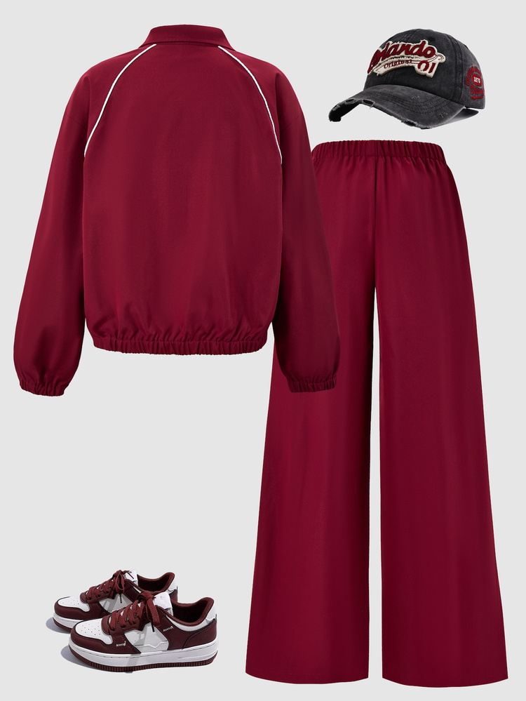 SHEIN Tween Girls Fall Outfits 2pcs Set Loose,Casual,Fall,Colorblock,Cartoon Zipper Cardigan Jacket Wide Leg Sweat Pants Cargo Pants Streetwear Letter Bu... - Burgundy - View 2