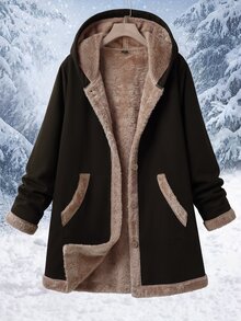 SHEIN Clasi Plus Size Long Thermal Lined Hooded Jacket - Black - View 1