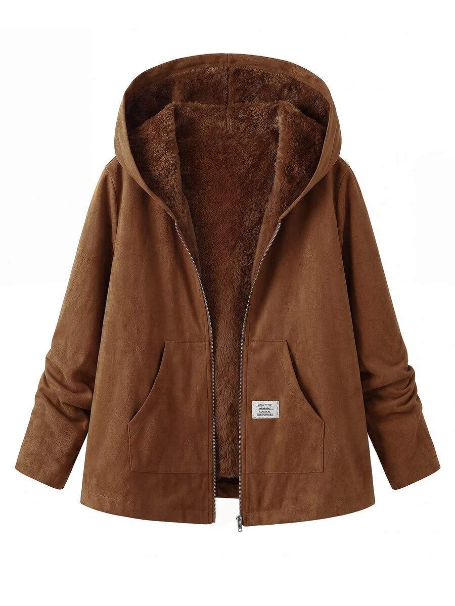 SHEIN Clasi Plus Size Autumn/Winter Thermal Lined Suede Hooded Jacket - Khaki - View 1