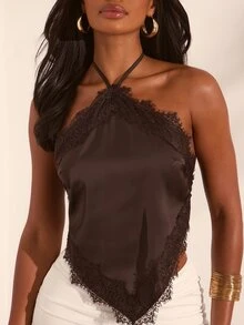 Opulessa Atasan Halter Tanpa Punggung Seksi Wanita dengan Patchwork Renda, Musim Panas - Coffee Brown - View 3