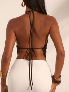 Opulessa Atasan Halter Tanpa Punggung Seksi Wanita dengan Patchwork Renda, Musim Panas - Coffee Brown - View 2