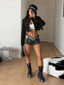 Coolane 女款秋冬街頭風 Rave 嬉皮運動休閒 Y2K 基本款舒適黑色修身短版拉鍊長袖夾克，拿破崙軍裝飾外套 - 黑色 - 查看 8