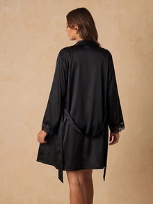 HautHeat 女士纯色蕾丝拼接睡衣套装，秋冬服装 - 黑色 - 查看 2