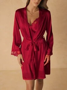 HautHeat 蕾丝边吊带连衣裙和系带睡袍套装，秋冬舒适优雅服饰 - 酒紅色 - 查看 7