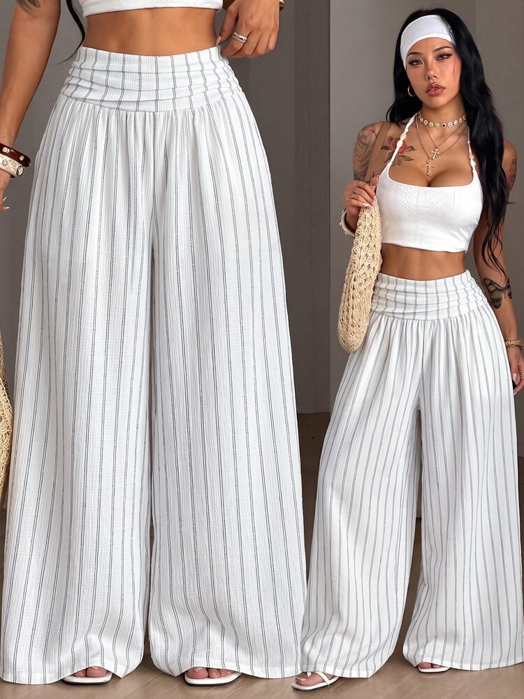 Coolane Women's All-Season Summer Fall Casual Vacation White Textured Striped Loose Textured Wide Leg Pants, Resort Wear, Fall Women , Vacations For Summer - Beige - View 2