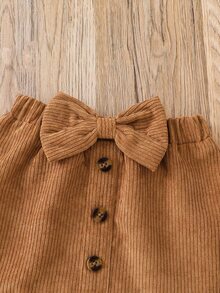 SHEIN Elladie kids Toddler Fall Winter Set, Black Ruffle Flutter‑Sleeve Top & Caramel‑Brown Big‑Bow Mini Skirt, Retro‑Chic For Daily Wear & Photos - Black - View 5