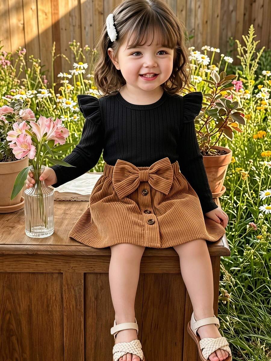 SHEIN Elladie kids 幼兒秋冬套裝,黑色荷葉邊飛袖上衣與焦糖棕大蝴蝶結迷你裙,復古時尚風格,適合日常穿著與拍照 - 黑色 - 查看 1