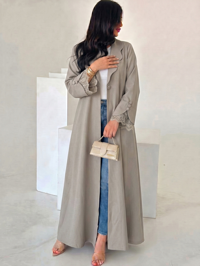 Yasveil Women's Woven Khaki Long Sleeve Lace Trim Peter Pan Collar Straight Fit Elegant Romantic Abaya Back-To-School Season.