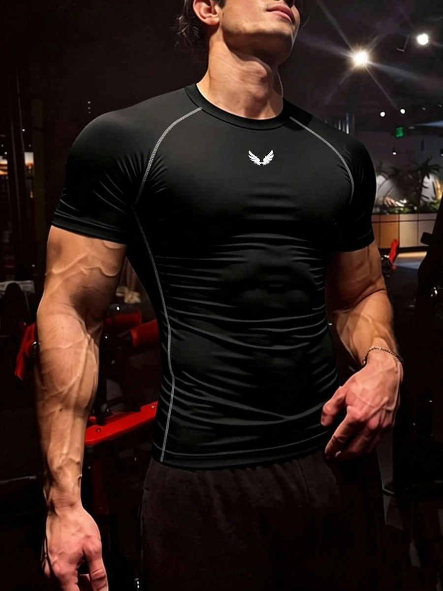 GymBeat 男士短袖修身健身運動T恤,健身房適用 - 黑色 - 查看 1