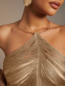 Hauture Women's Sexy Hanging Tassels Fringe Mini Dress With Gold Metal Decor - Khaki - View 3