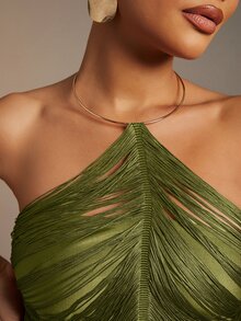 Hauture 女士性感流苏迷你连衣裙，饰有金色金属装饰 - 綠色 - 查看 3