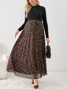 SHEIN Maternity Solid Color Long Sleeve Top And Adjustable Waist Leopard Print Skirt Casual Daily 2-Piece Set - Multicolor - View 3