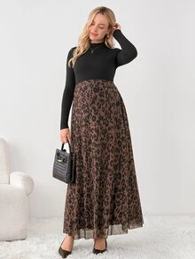 SHEIN Maternity Solid Color Long Sleeve Top And Adjustable Waist Leopard Print Skirt Casual Daily 2-Piece Set - Multicolor - View 5