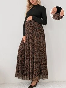 SHEIN Maternity Solid Color Long Sleeve Top And Adjustable Waist Leopard Print Skirt Casual Daily 2-Piece Set - Multicolor - View 8