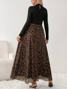 SHEIN Maternity Solid Color Long Sleeve Top And Adjustable Waist Leopard Print Skirt Casual Daily 2-Piece Set - Multicolor - View 9