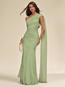 SHEIN BAE Autumn/Winter Solid Green Sage Pistachio Asymmetric Neck Ruched Mesh Maxi Elegant Women's Dress - Green - View 5
