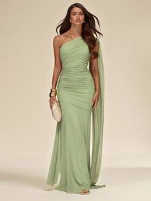 SHEIN BAE Autumn/Winter Solid Green Sage Pistachio Asymmetric Neck Ruched Mesh Maxi Elegant Women's Dress - Green - View 4
