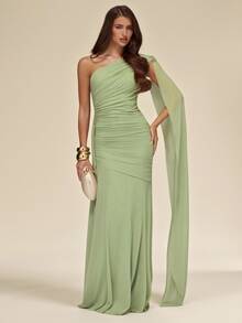 SHEIN BAE Autumn/Winter Solid Green Sage Pistachio Asymmetric Neck Ruched Mesh Maxi Elegant Women's Dress - Green - View 3