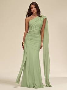 SHEIN BAE Autumn/Winter Solid Green Sage Pistachio Asymmetric Neck Ruched Mesh Maxi Elegant Women's Dress - Green - View 6
