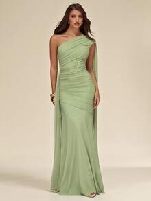 SHEIN BAE Autumn/Winter Solid Green Sage Pistachio Asymmetric Neck Ruched Mesh Maxi Elegant Women's Dress - Green - View 7