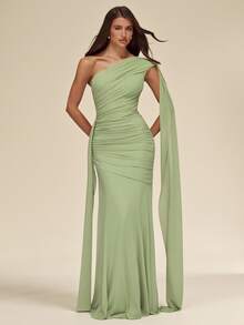 SHEIN BAE Autumn/Winter Solid Green Sage Pistachio Asymmetric Neck Ruched Mesh Maxi Elegant Women's Dress - Green - View 1