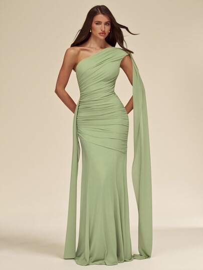 SHEIN BAE Autumn/Winter Solid Green Sage Pistachio Asymmetric Asymmetric Neck Ruched Mesh Maxi Elegant Women's Dress
