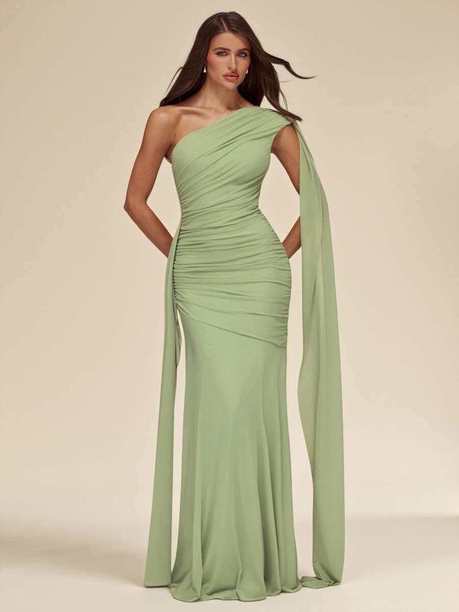 SHEIN BAE Autumn/Winter Solid Green Sage Pistachio Asymmetric Neck Ruched Mesh Maxi Elegant Women's Dress - Green - View 1