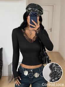 Coolane 女款秋季四季通用外出穿著復古優雅約會之夜日常穿著性感Y2K街頭風羅紋針織對比蕾絲黑色V領修身T恤秋季穿搭 - 黑色 - 查看 6