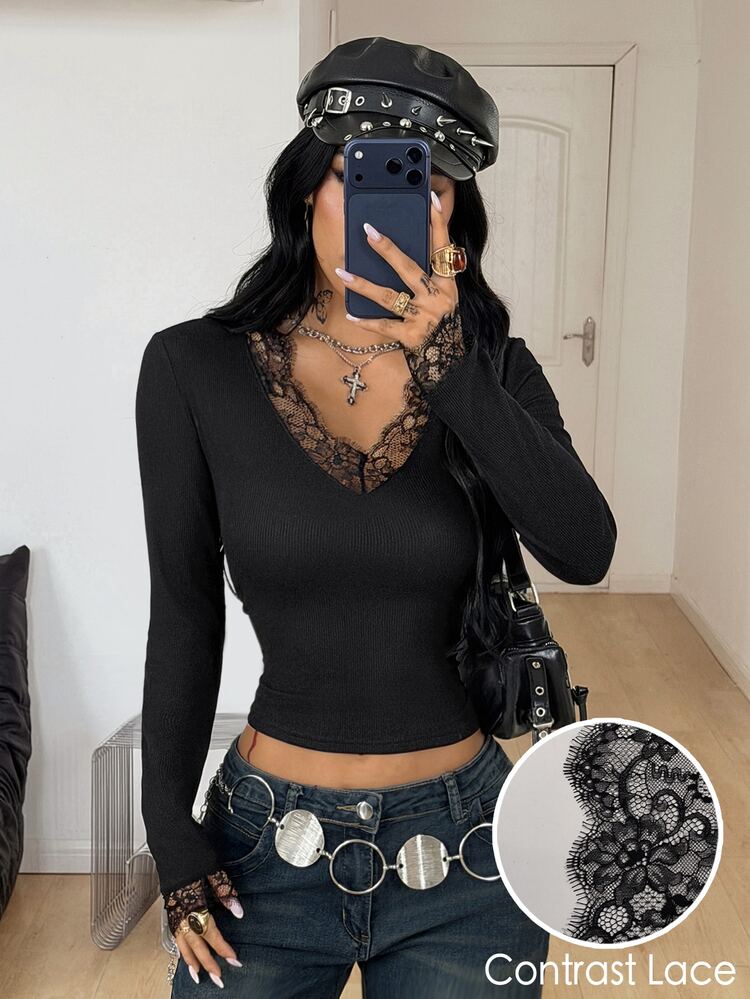 Coolane Women Fall All-Season Going Out Vintage Elegant Date Night Daily Wear Sexy Y2k Streetwear Rib Knit Contrast Lace Black V-Neck Fitted Tees Fall Outfits - Black - View 5