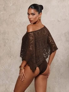 Glamine SHEIN Glamour Women's Asymmetric Hem Asymmetrical Shoulder Cover-Up Top For Vacation Beach Dark Brown Summer Boho - Brown - View 8