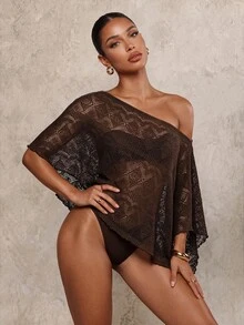 Glamine SHEIN Glamour Women's Asymmetric Hem Asymmetrical Shoulder Cover-Up Top For Vacation Beach Dark Brown Summer Boho - Brown - View 6