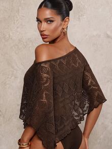 Glamine SHEIN Glamour Women's Asymmetric Hem Asymmetrical Shoulder Cover-Up Top For Vacation Beach Dark Brown Summer Boho - Brown - View 3