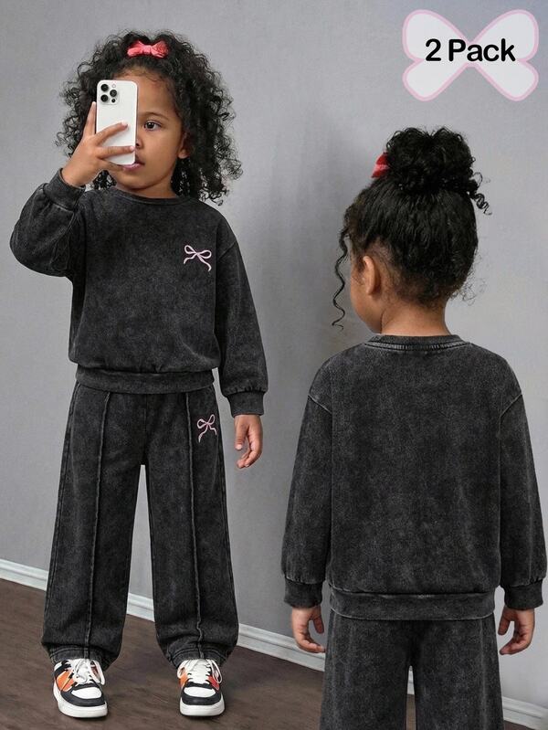 2pcs/Set Young Girls Y2k Distressed Cute Pink Bow Embroidery Print Black Knit Denim Sweatshirt&Baggy Jeans,Fall/Winter,For Girls School Clothes