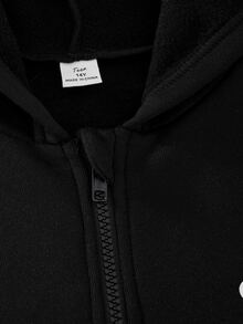 SHEIN 青少年男孩拼色條紋連帽拉鍊運動衫與慢跑褲2件套，休閒運動寬鬆外套與錐形長褲，保暖內裡，時尚街頭風日常穿搭 - 黑色 - 查看 4