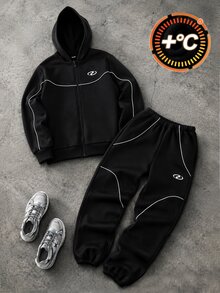 SHEIN 青少年男孩拼色條紋連帽拉鍊運動衫與慢跑褲2件套，休閒運動寬鬆外套與錐形長褲，保暖內裡，時尚街頭風日常穿搭 - 黑色 - 查看 1