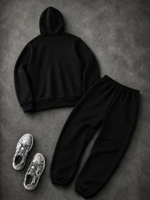 SHEIN 青少年男孩拼色條紋連帽拉鍊運動衫與慢跑褲2件套，休閒運動寬鬆外套與錐形長褲，保暖內裡，時尚街頭風日常穿搭 - 黑色 - 查看 3