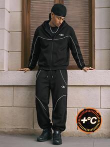 SHEIN 青少年男孩拼色條紋連帽拉鍊運動衫與慢跑褲2件套，休閒運動寬鬆外套與錐形長褲，保暖內裡，時尚街頭風日常穿搭 - 黑色 - 查看 2